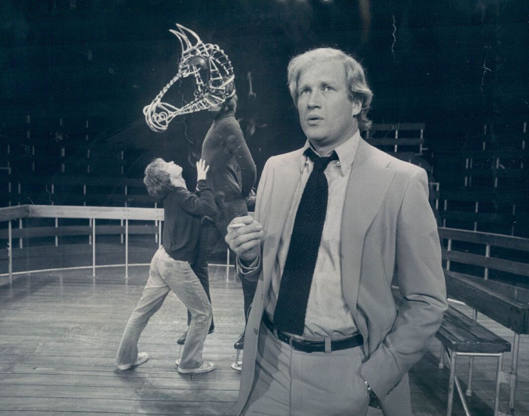 The psychiatrist contends with emotion he has never felt — a child’s passion, felt for a horse. Ken Howard is the doctor (foreground) Michael Snyder is his patient, in an scene from “Equus” at Chicago’s Studebaker Theater in 1976.